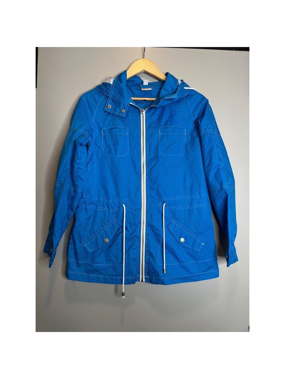 Jou Jou size MEDIUM windbreaker blue jacket raincoat hoodie full zip tie waist